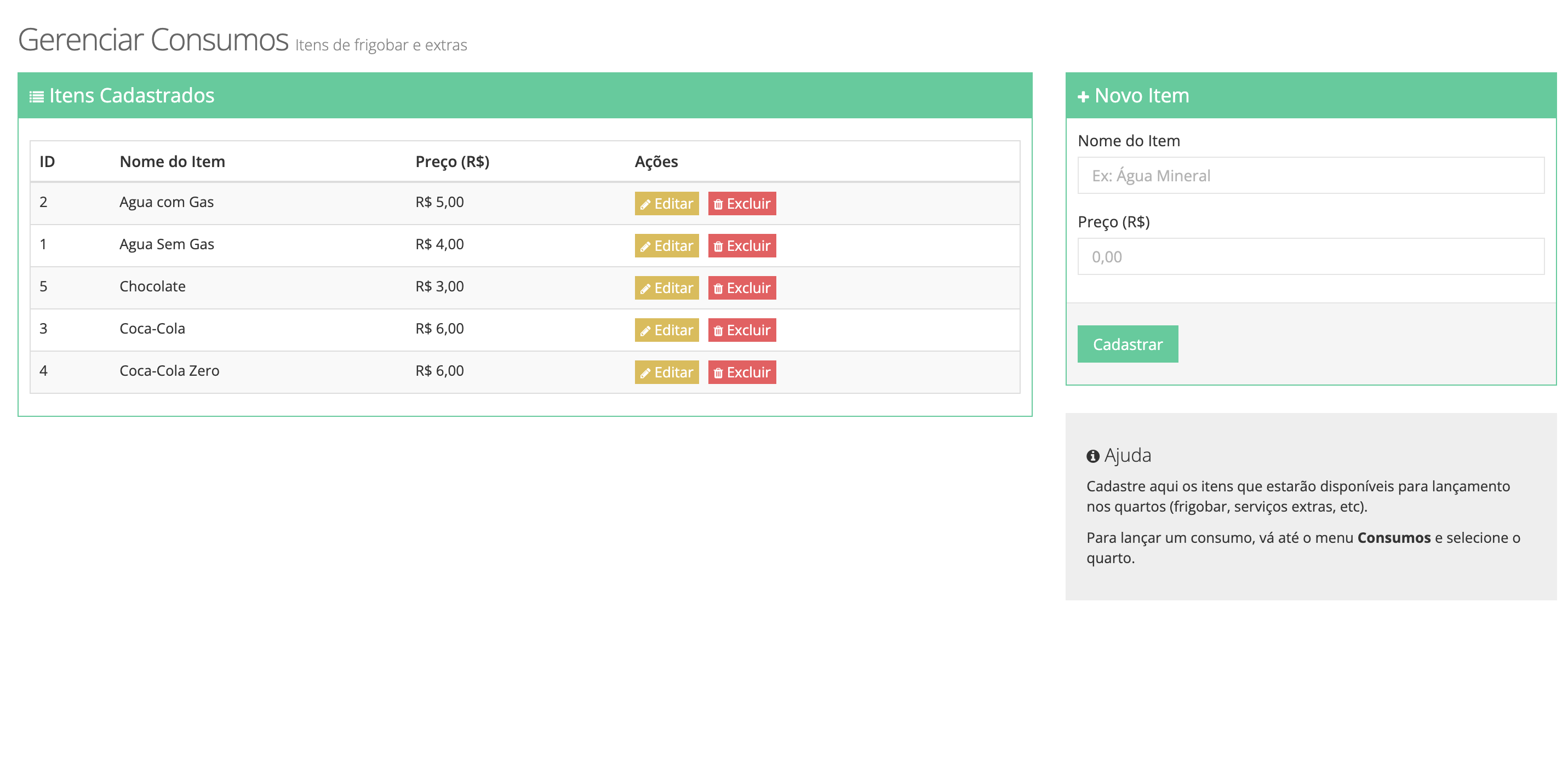 Tela de controle de consumo e ponto de venda (PDV) para lançamento de produtos e serviços extras